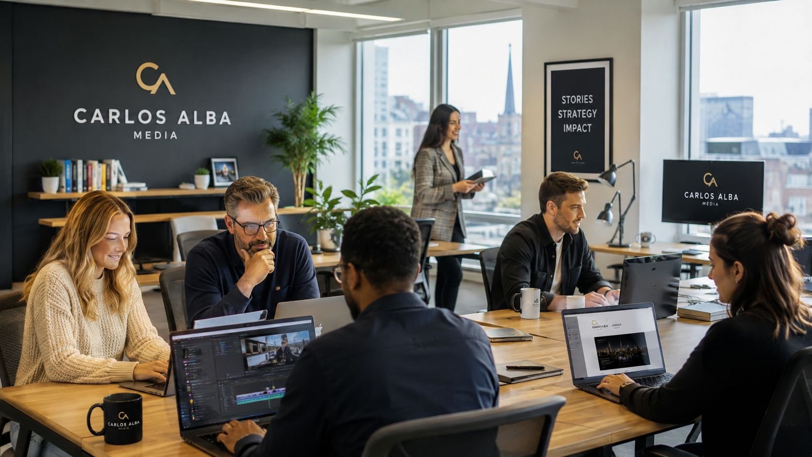 A professional team of people collaborating at a bright office desk in a creative marketing agency office.