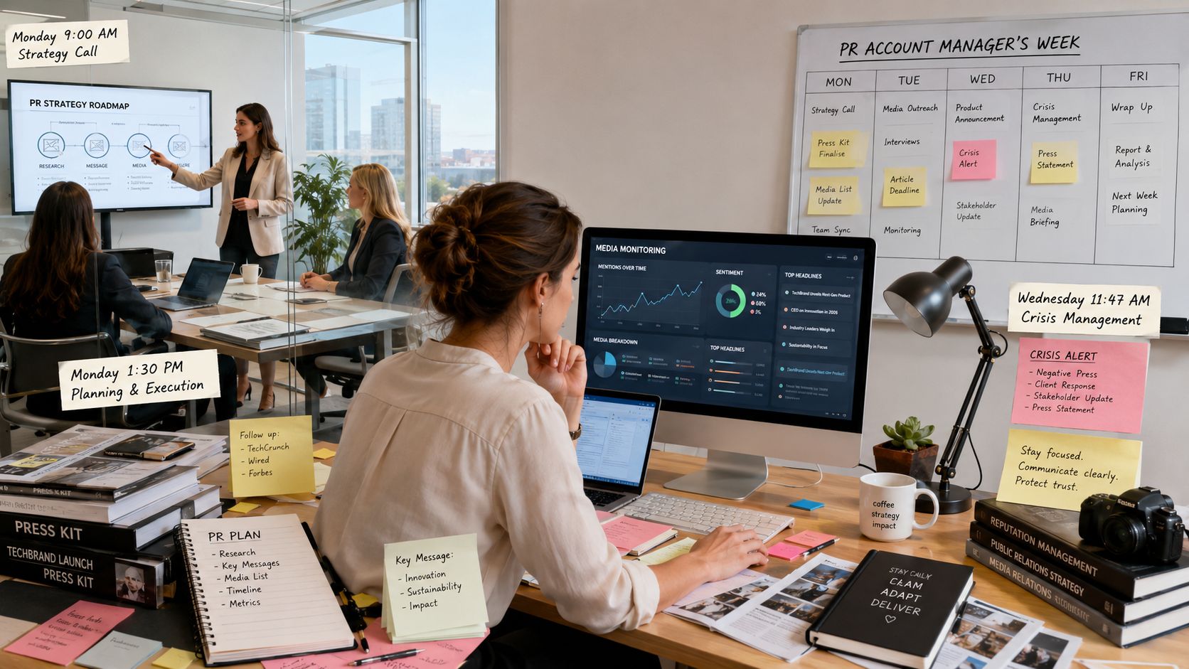 A professional PR account manager working in a busy office with data analytics and strategy planning tools.