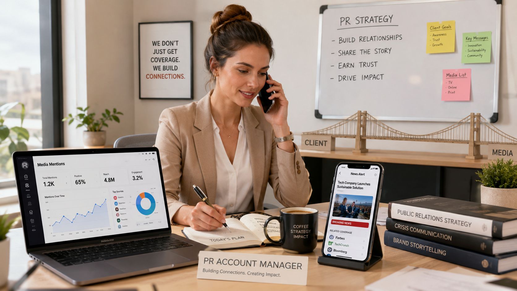 A professional PR account manager working at her desk with a laptop, smartphone, and strategy notes.