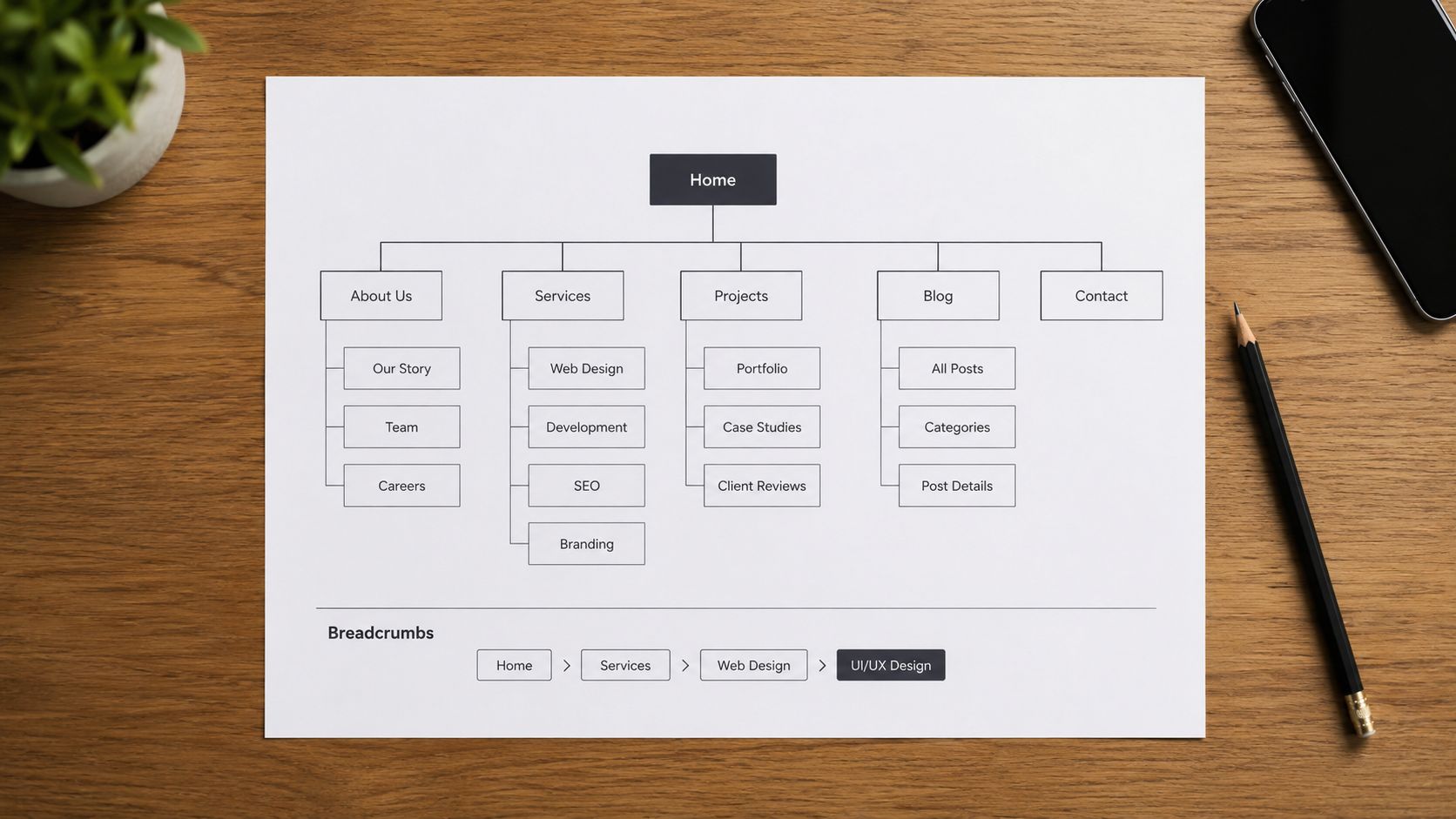 A printed website sitemap diagram showing site navigation structure on a wooden desk with a pencil.