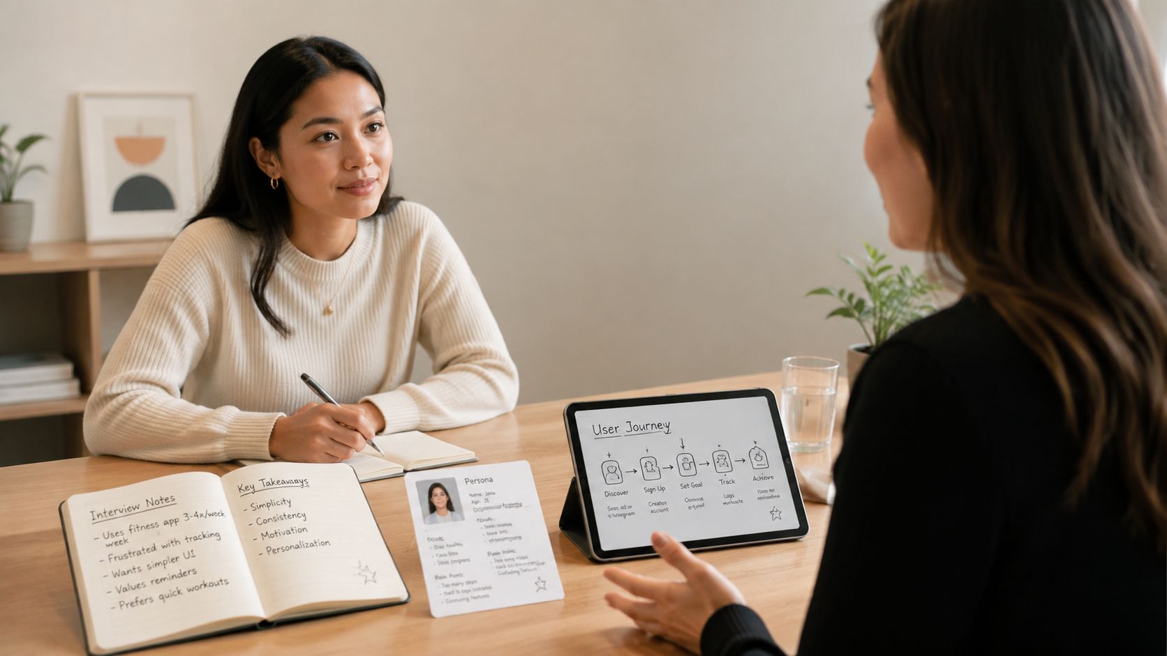 A UX designer discusses a user journey map and personas with a client during a meeting.