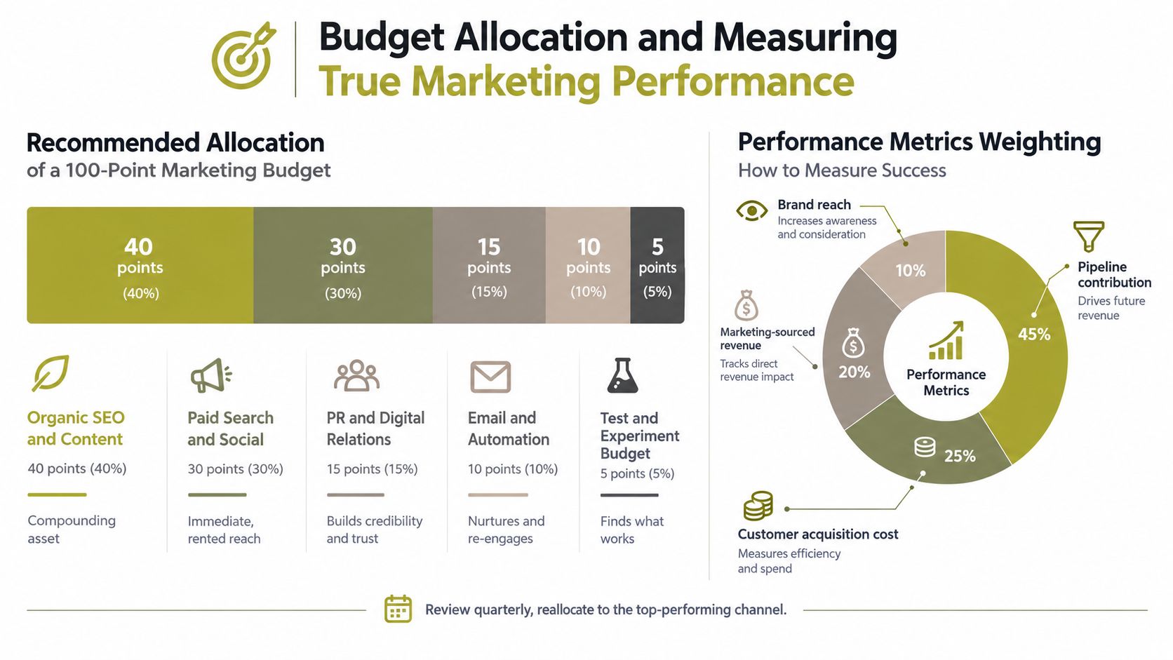 A diagram illustrating a recommended 100-point marketing budget allocation and performance metrics weighting for successful B2B marketing strategies.