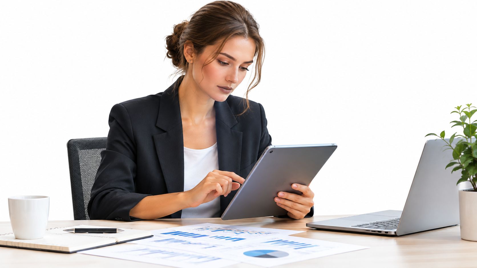 A professional businesswoman reviewing digital marketing charts on a tablet while working at her office desk.