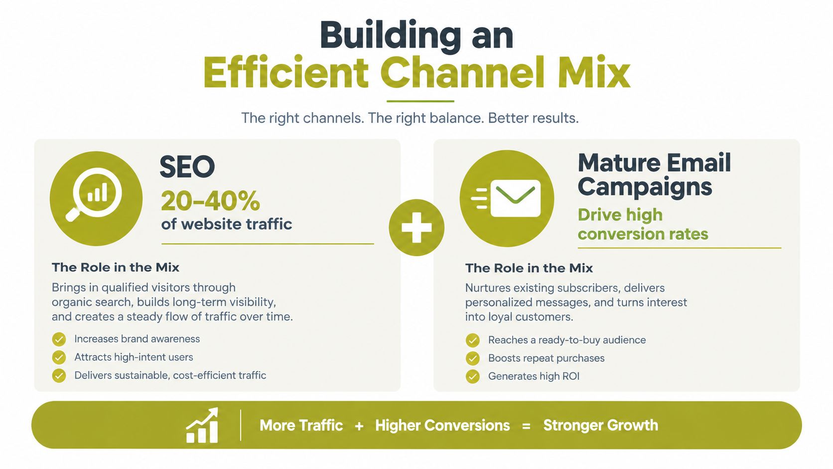 An infographic illustrating a b2b marketing strategy combining SEO and mature email campaigns for growth.