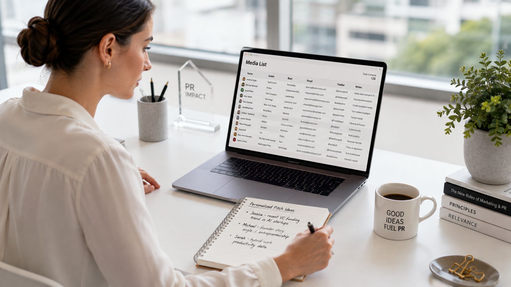 A professional woman working at a bright desk, planning PR outreach using a laptop and notebook.