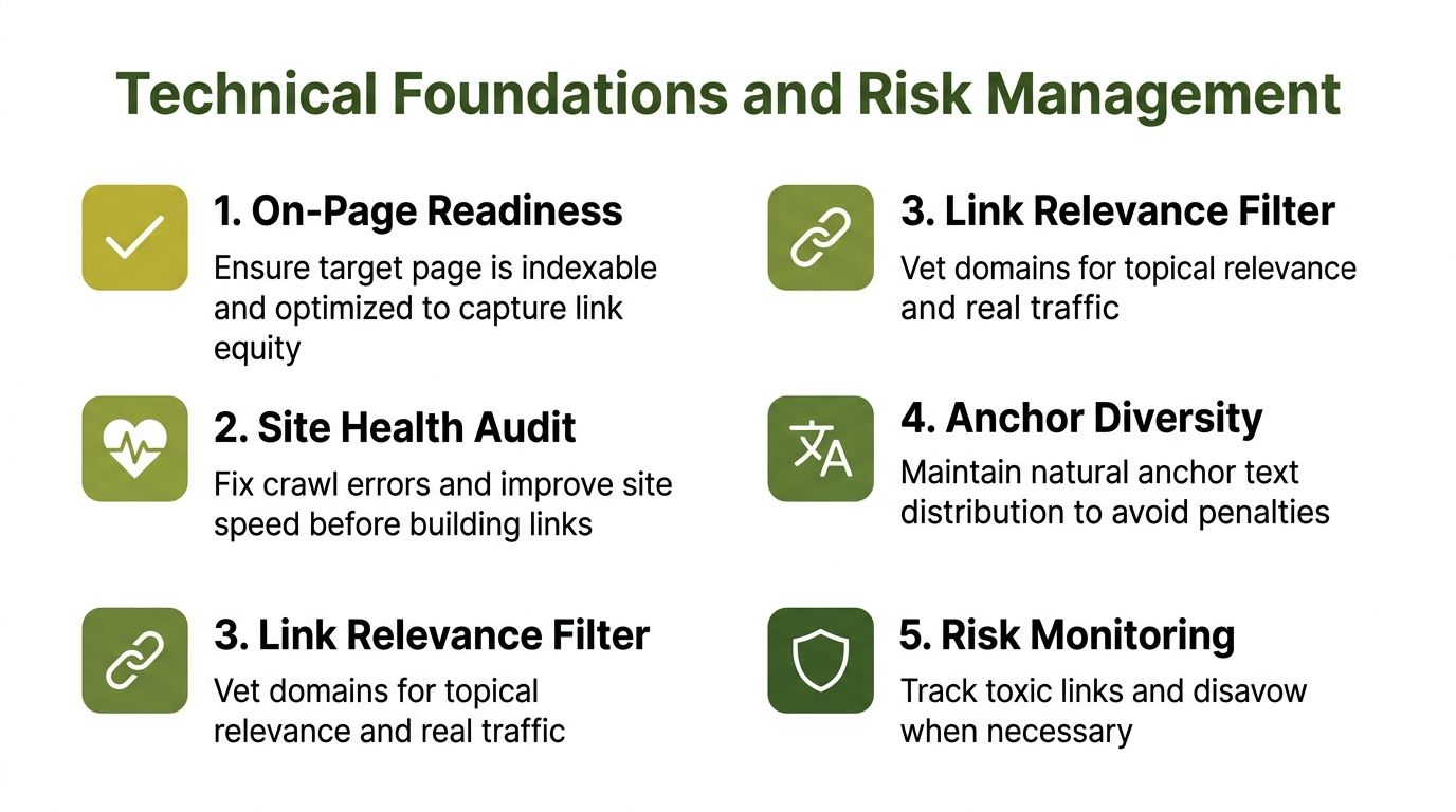 A list of five essential technical foundations and risk management steps for an effective backlink building strategy.