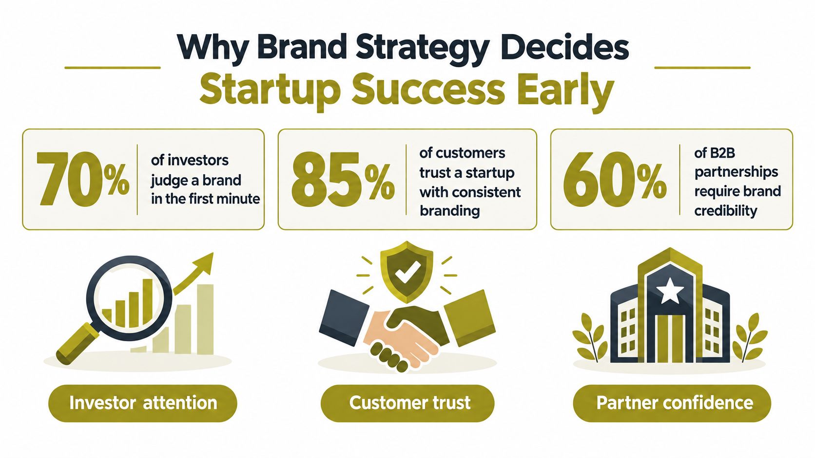 An infographic showing statistics about why brand strategy is essential for startup success, including investor, customer, and partner metrics.