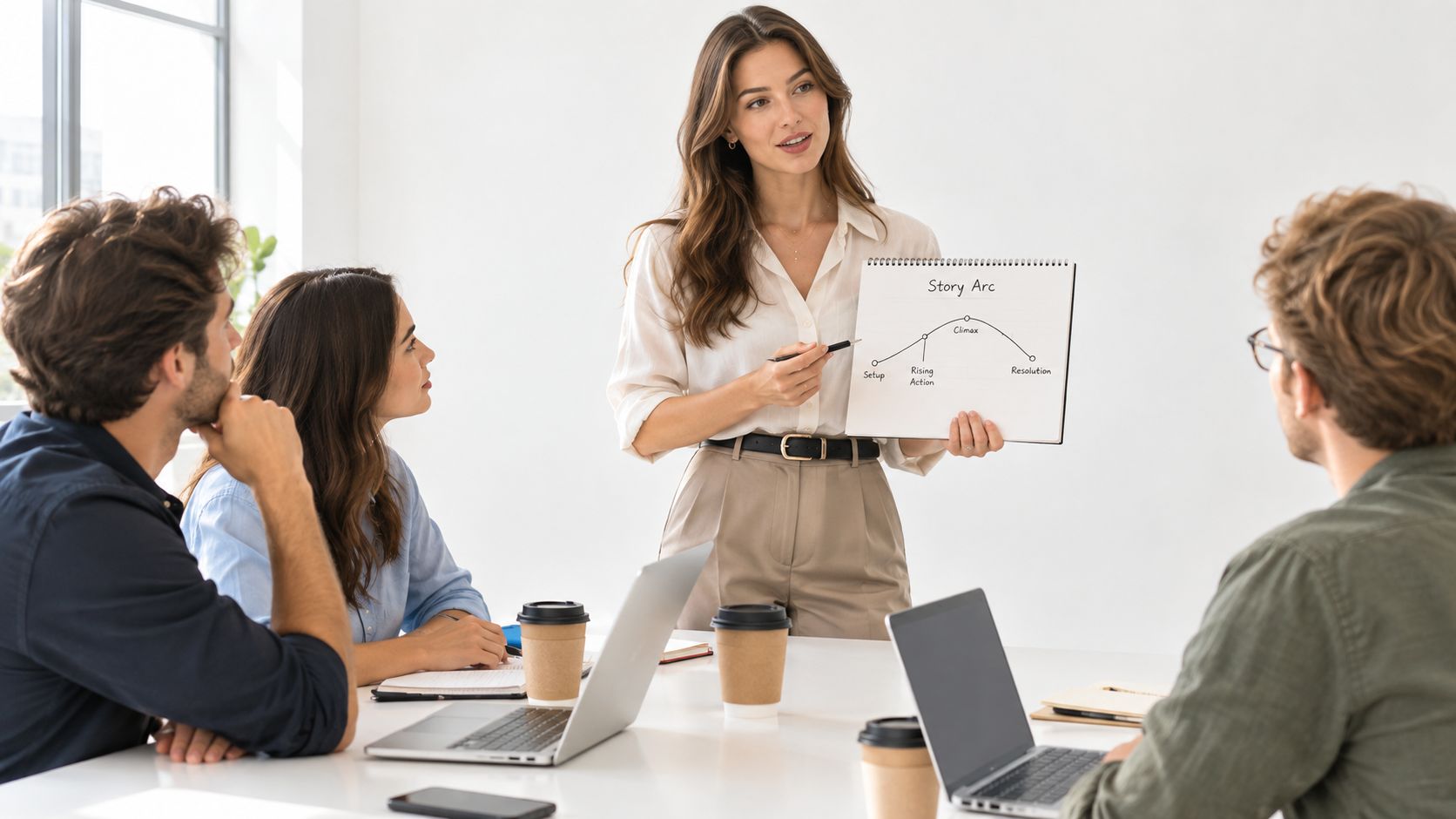 A professional woman presenting a story arc diagram to her team during a business meeting in office.