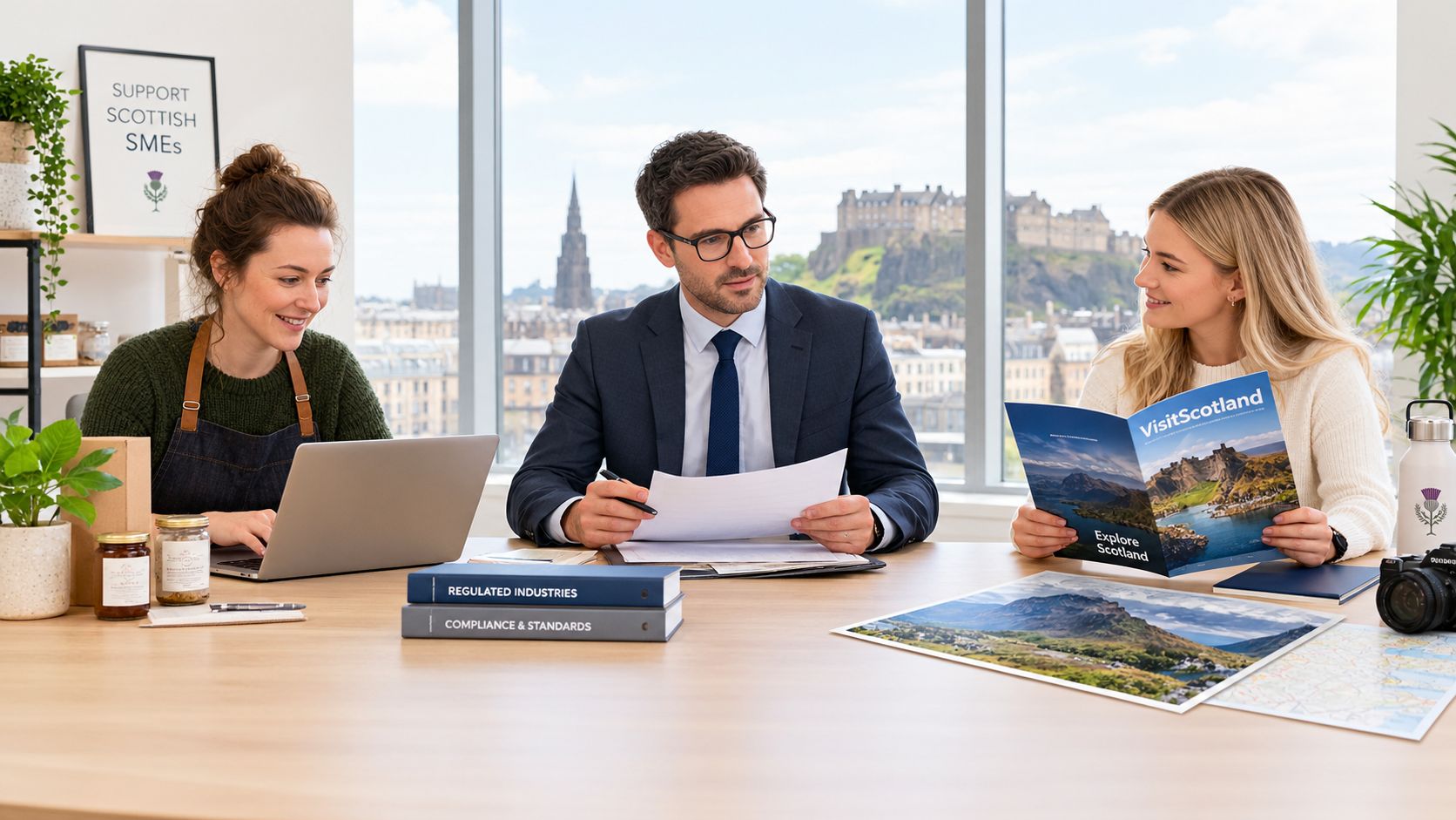 A professional team of three collaborating in an office with views of Edinburgh Castle in Scotland.