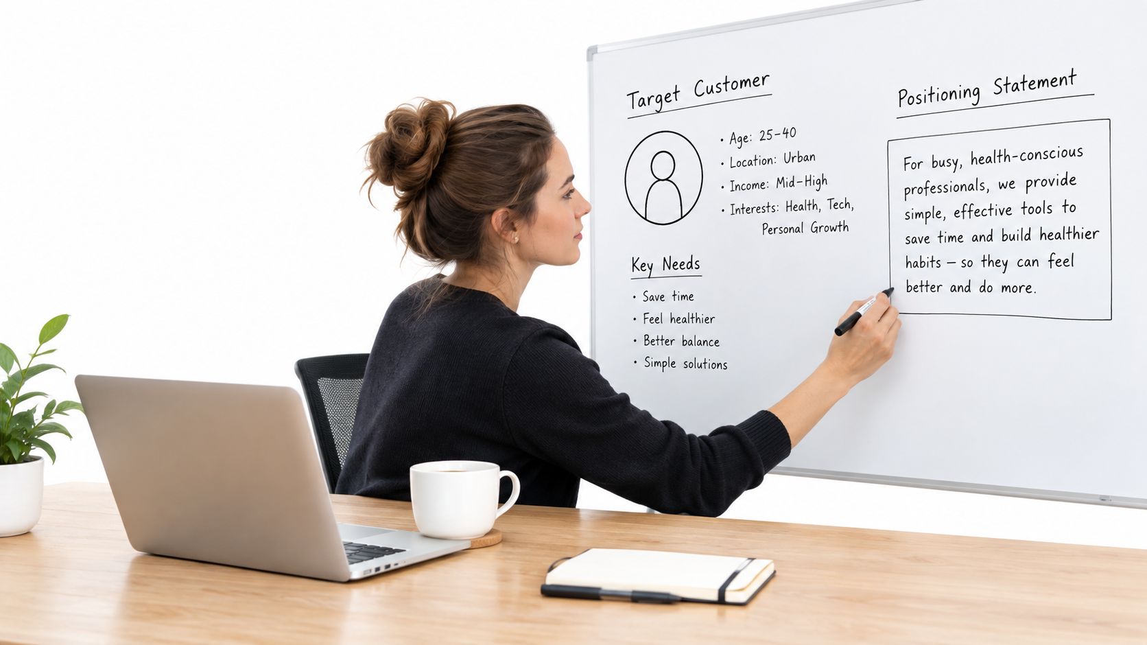 A businesswoman writing a target customer profile and positioning statement on a whiteboard in an office setting.