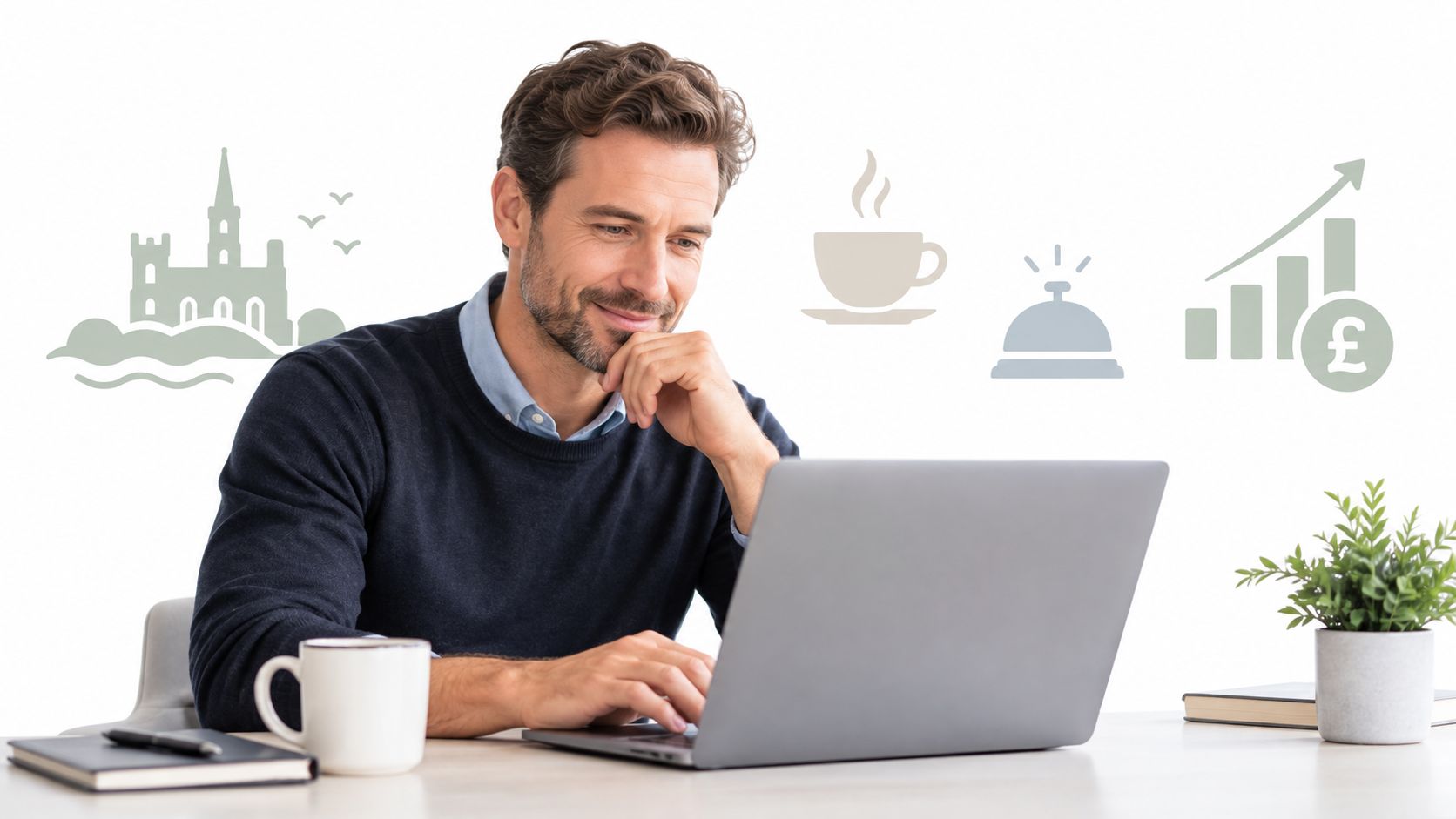 A professional man sitting at a desk using a laptop with digital service icons floating above him.