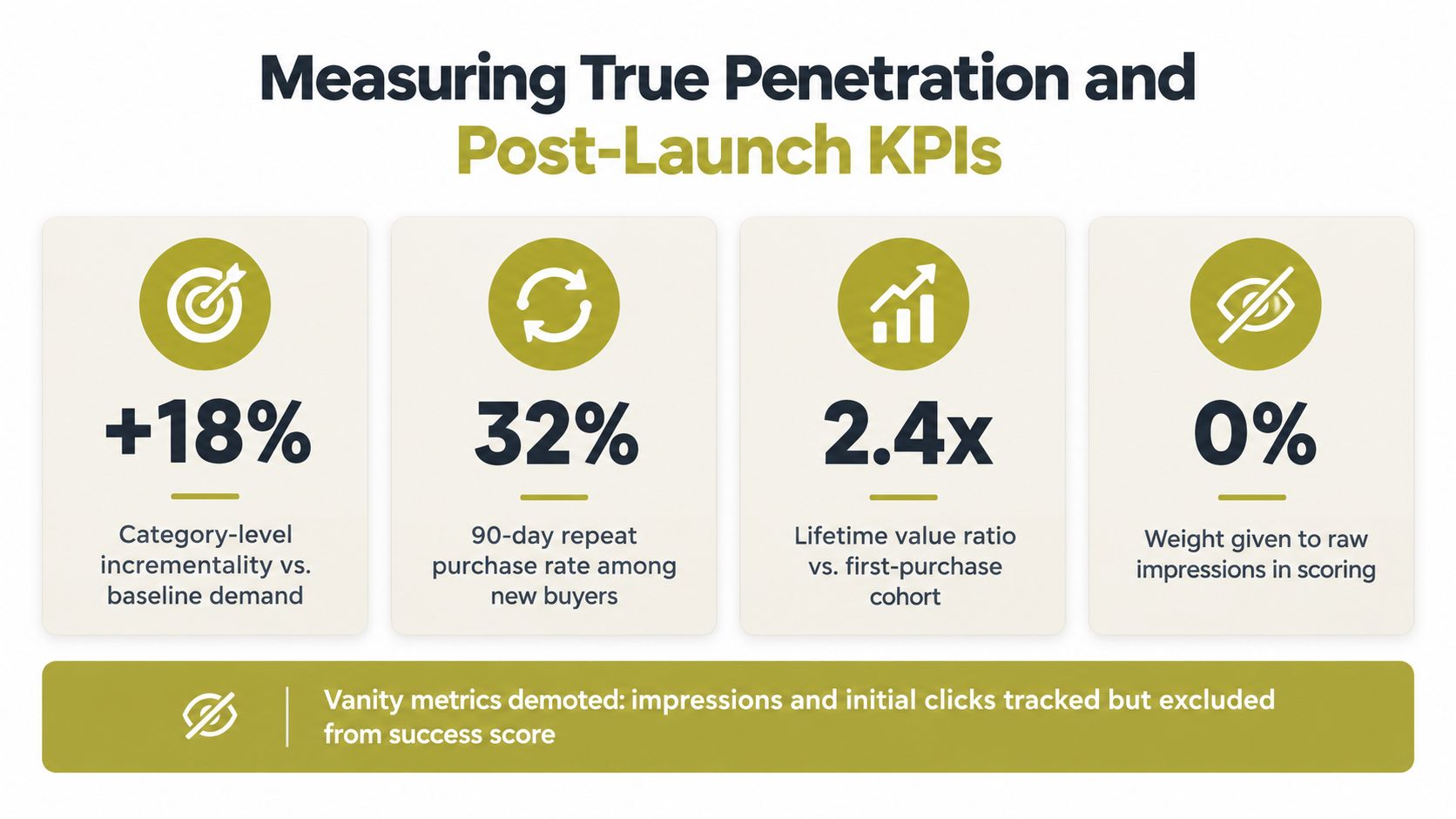 An infographic displaying four key performance indicators for measuring post-launch product success and consumer penetration metrics.