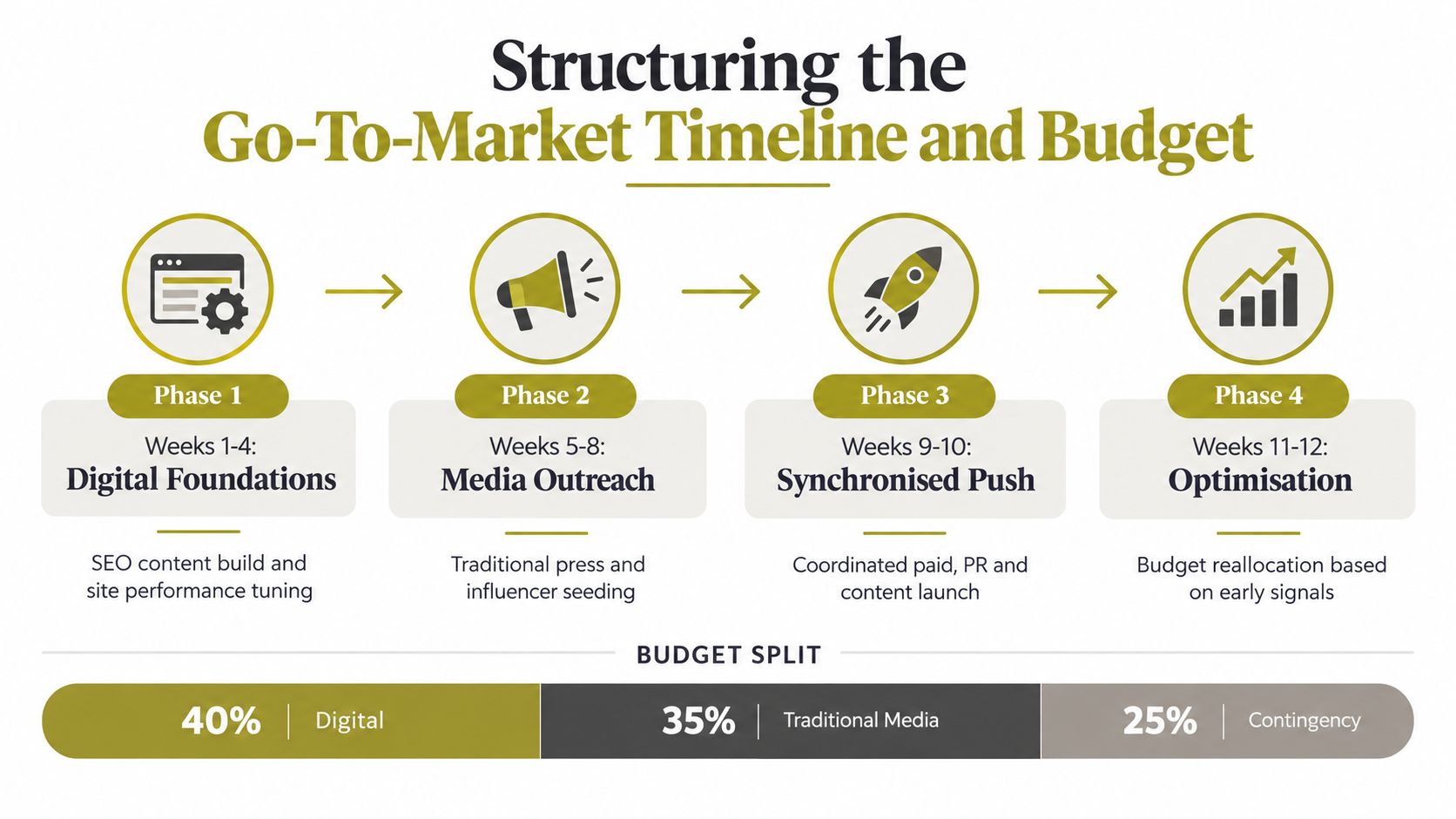 A structured go-to-market timeline and budget chart divided into four phases with percentage allocations.