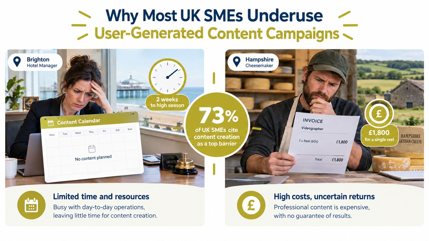 An infographic illustrating why UK SMEs struggle with user-generated content due to time and budget constraints.