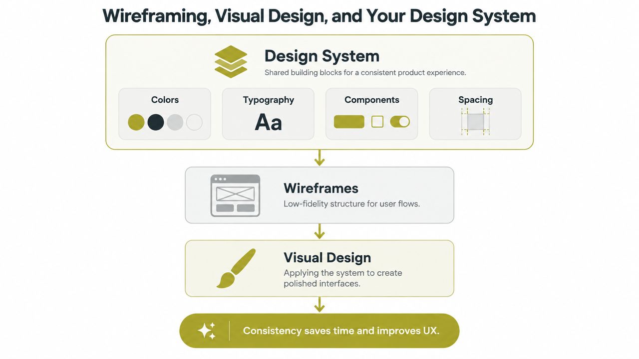 A diagram illustrating the web design process, moving from a design system to wireframes and visual design.