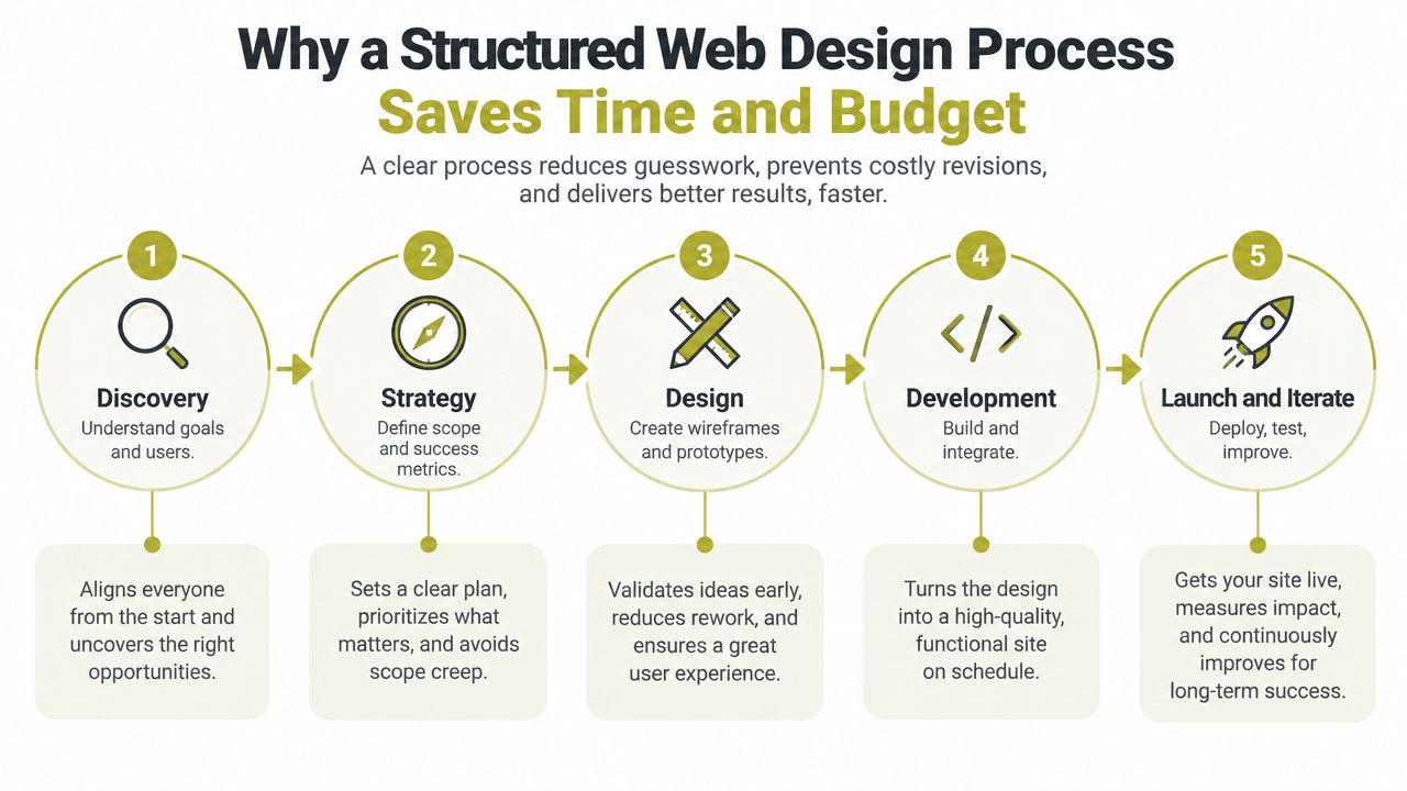 A five-step infographic explaining how a structured web design process saves time and budget for projects.