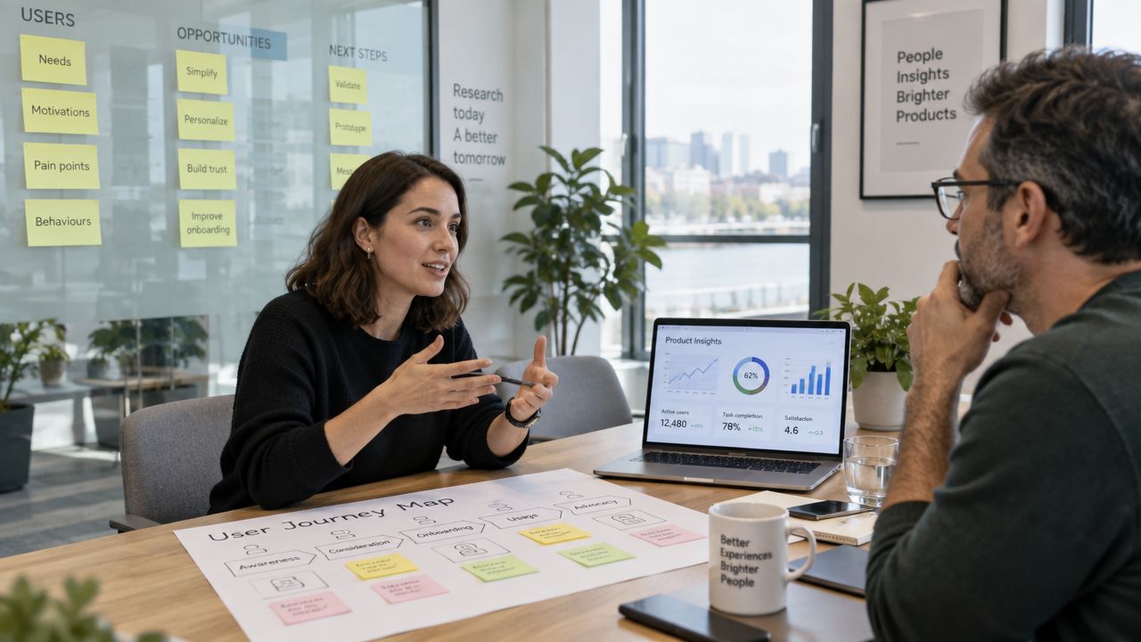 A woman explains a user journey map to a male colleague in a modern professional office setting.