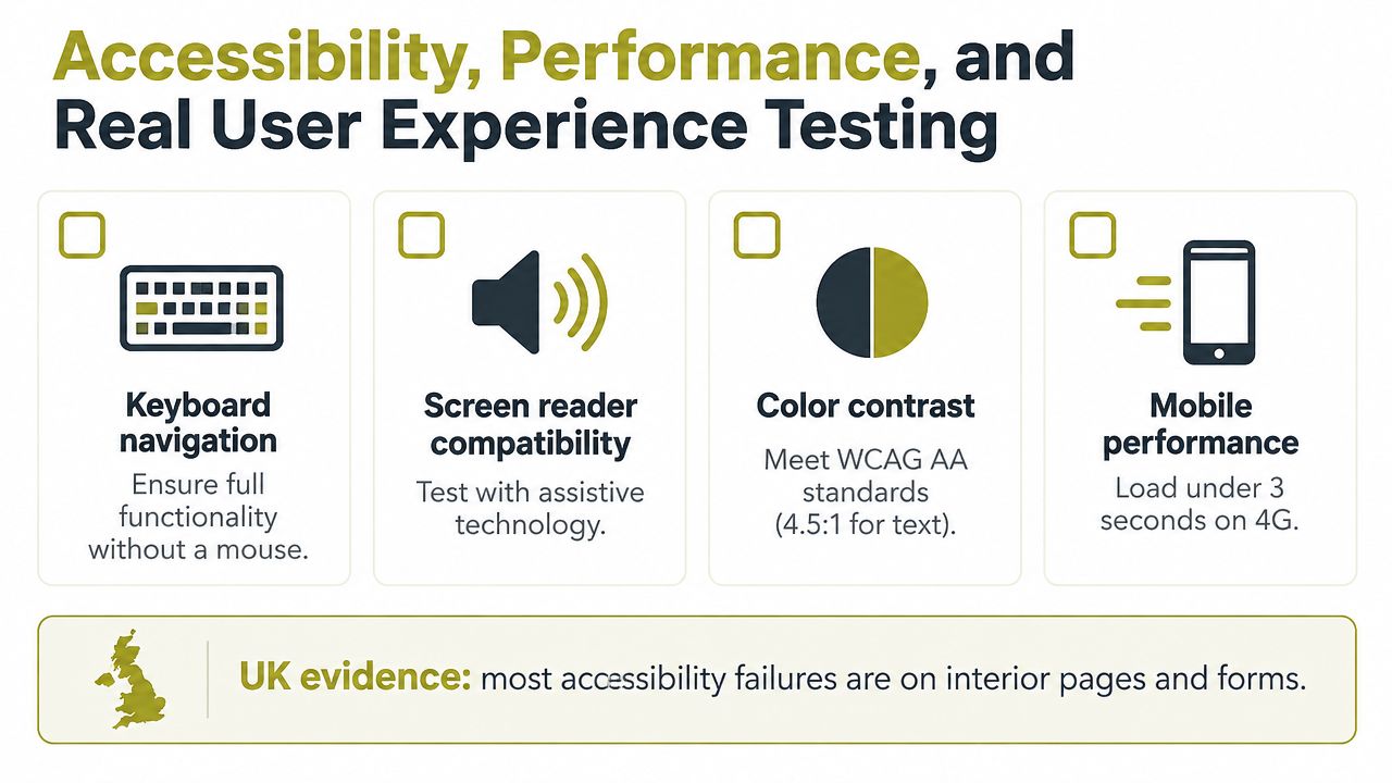 An infographic showing four key testing requirements for website accessibility, performance, and user experience.