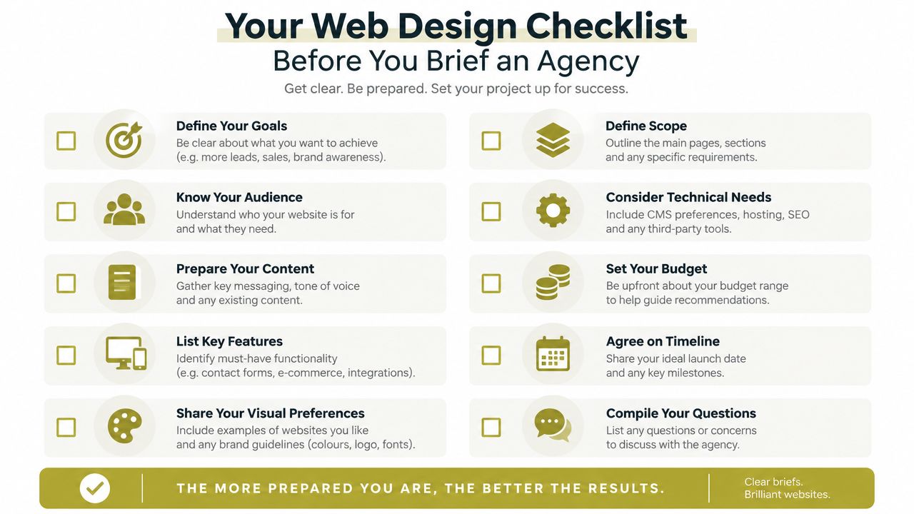 A web design checklist infographic with ten essential steps for preparing a successful agency project brief.