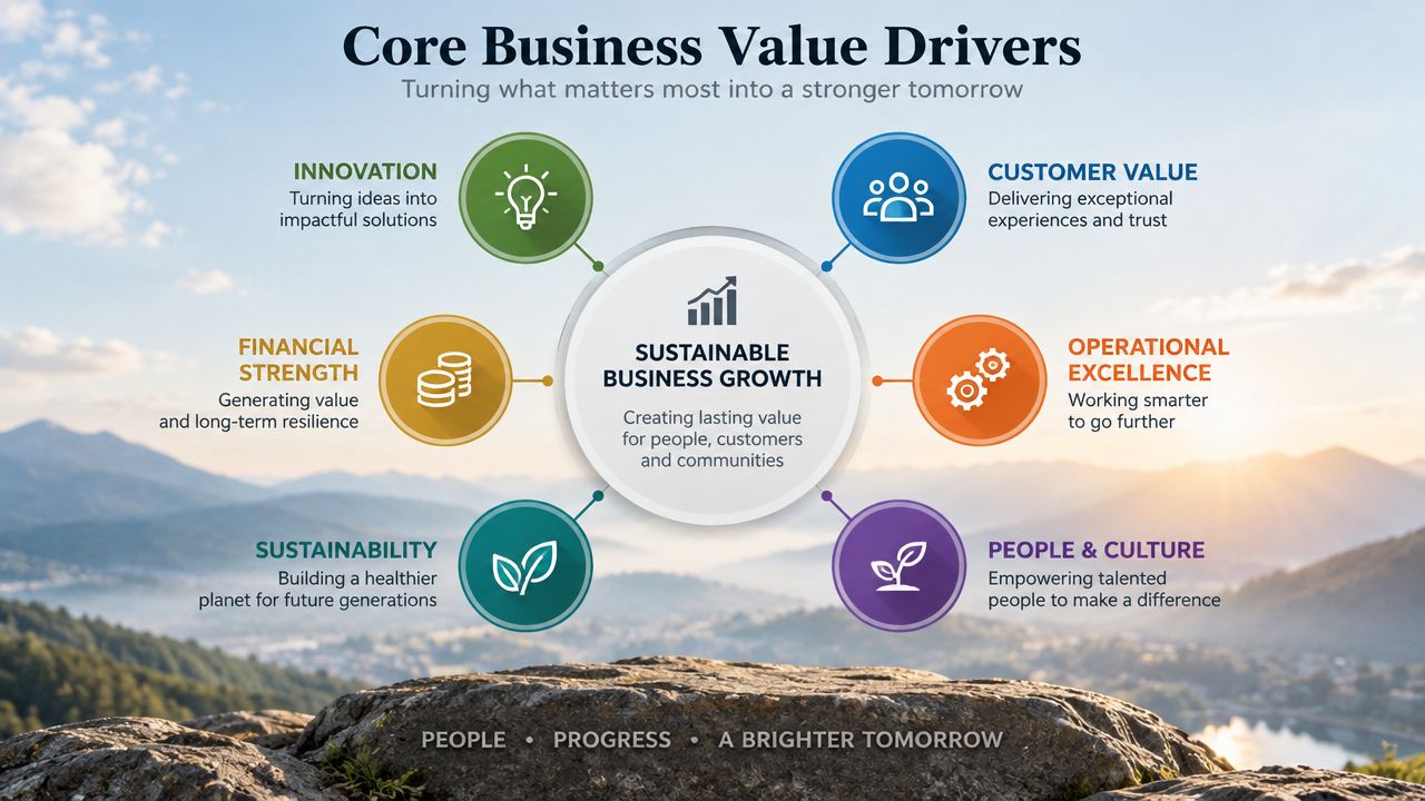 A diagram illustrating six core business value drivers surrounding a central sustainable business growth objective.