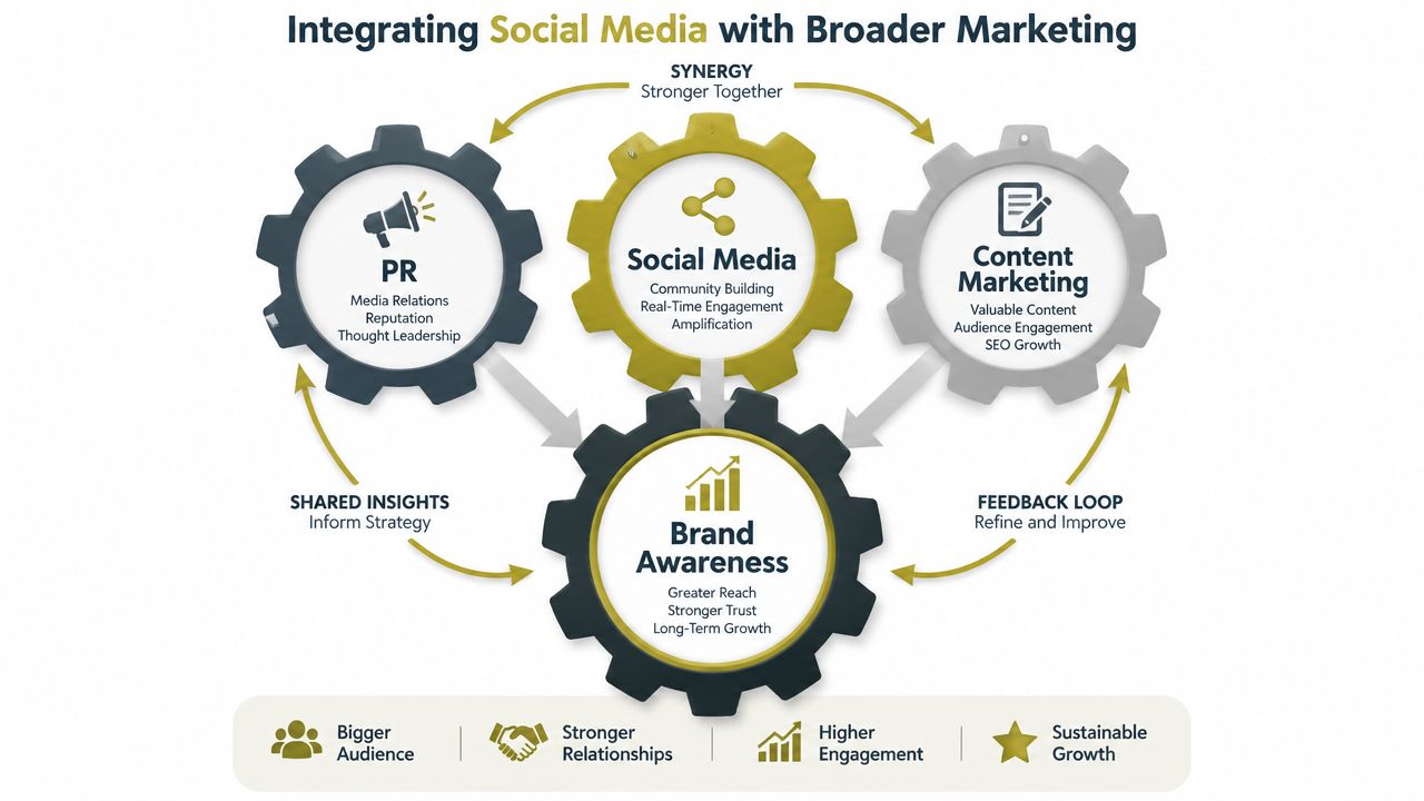 A diagram illustrating how social media integrates with PR, content marketing, and brand awareness for business growth.