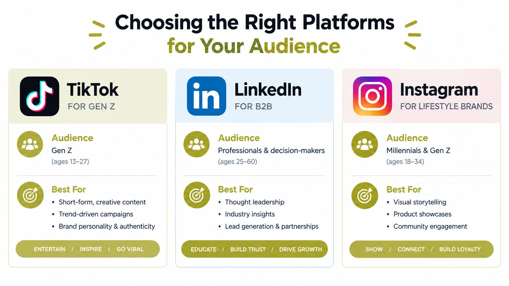A comparison chart showing target audiences and content strategies for TikTok, LinkedIn, and Instagram marketing platforms.