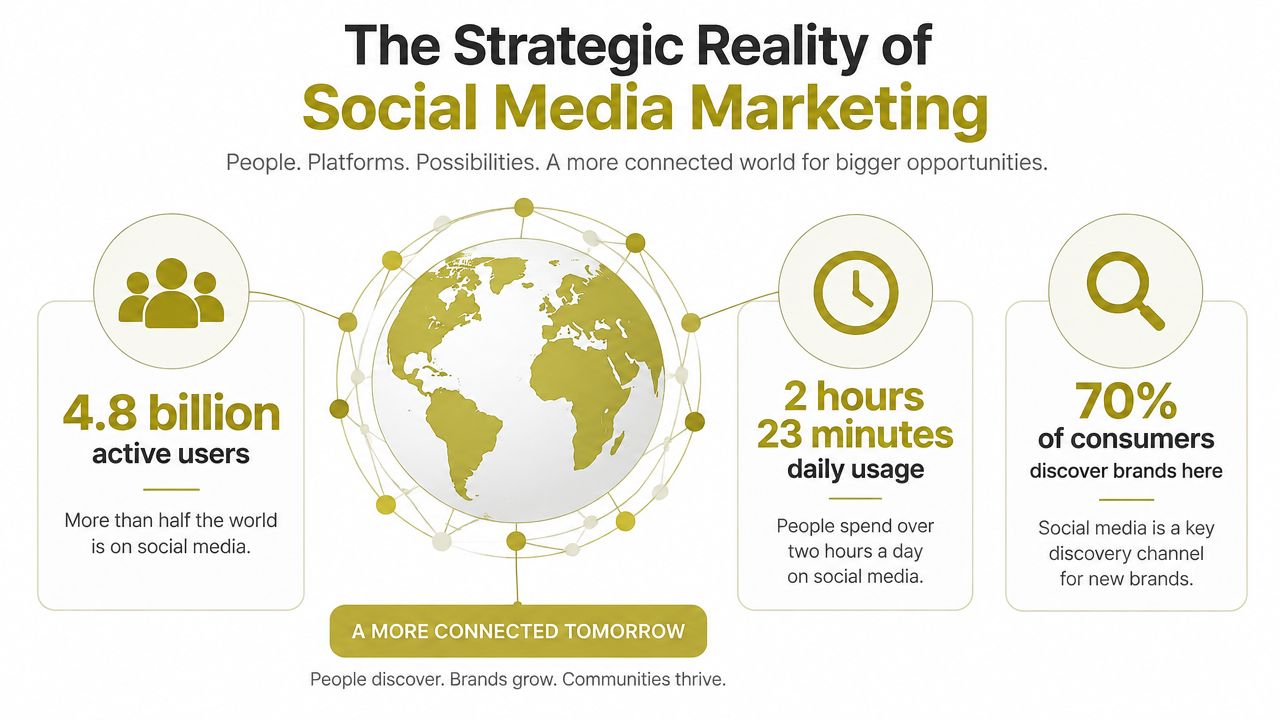 An infographic titled The Strategic Reality of Social Media Marketing showing statistics about global user engagement.