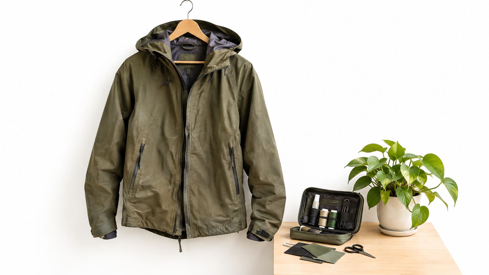 An olive green jacket hanging next to a sewing repair kit and a potted plant on a table.