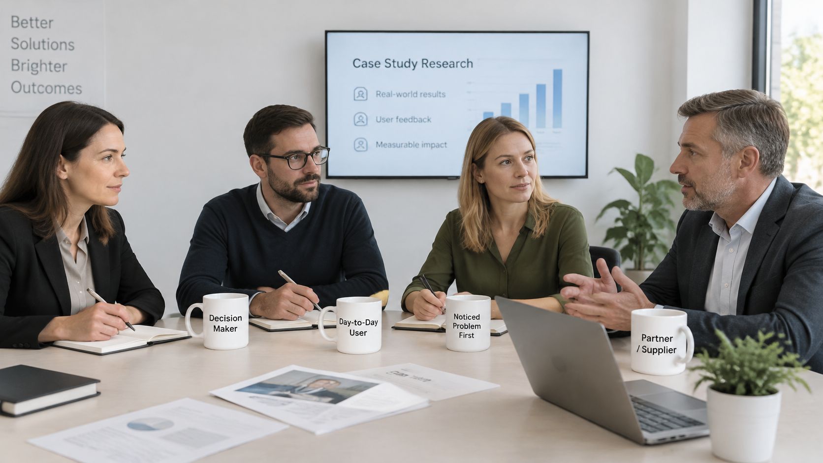 A professional business team having a collaborative meeting to discuss case study development strategies in an office.