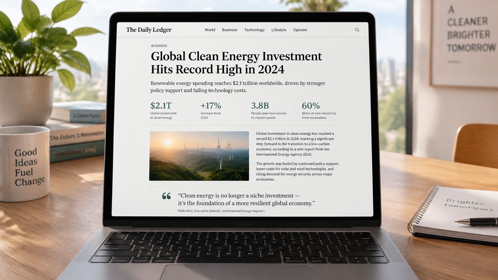 A laptop screen displaying an article about record-breaking global clean energy investment on The Daily Ledger website.