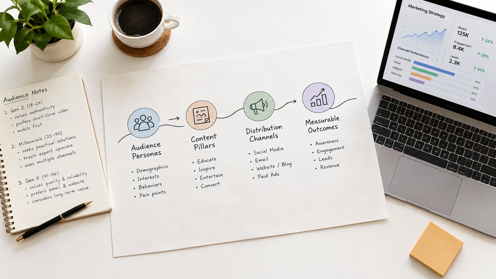 A top-down view of a desk featuring a strategic marketing workflow diagram, a laptop, and notes.