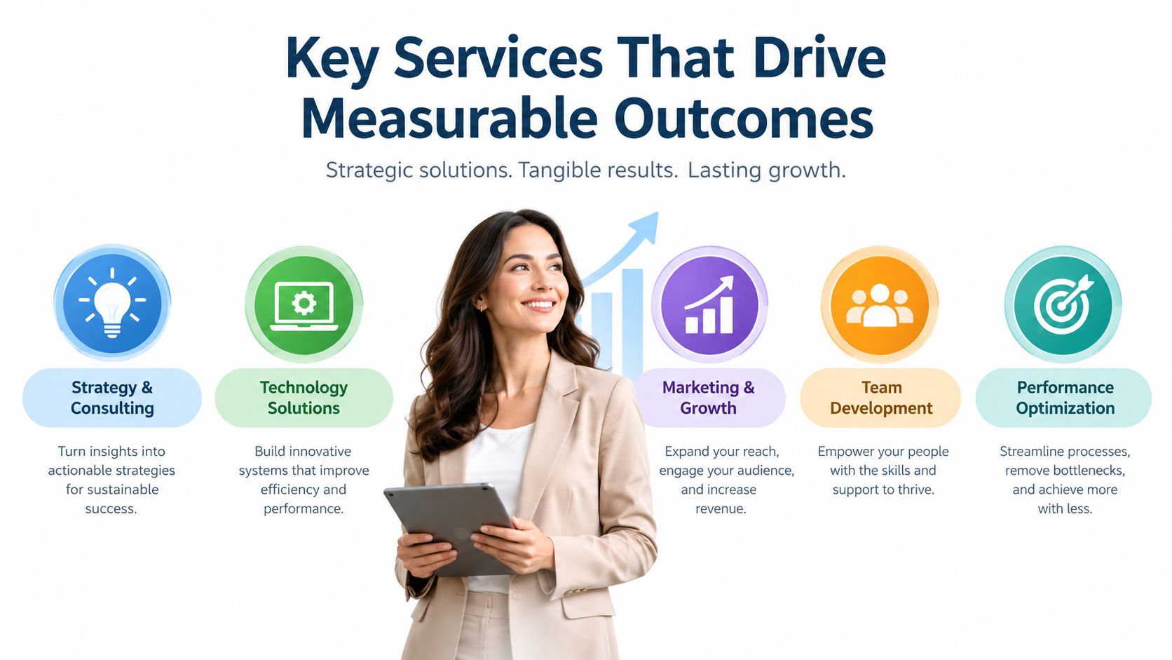 A professional woman holding a tablet with icons representing business consulting, technology, marketing, team building, and optimization.