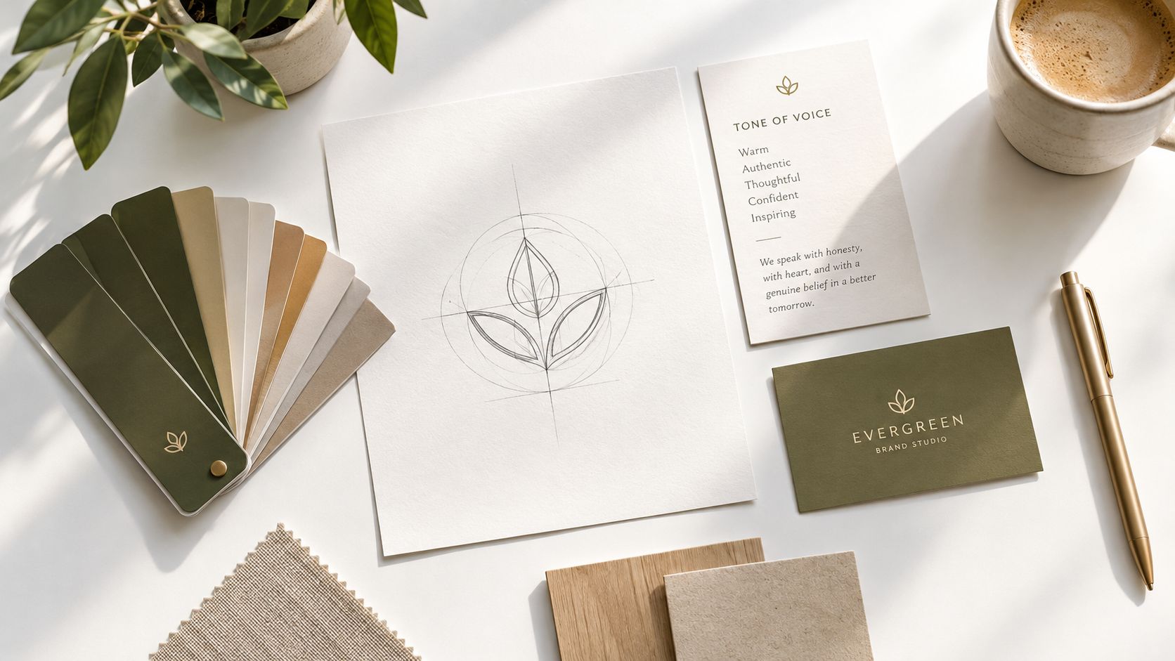 A professional brand design kit featuring a logo sketch, color palette, business cards, and texture samples.