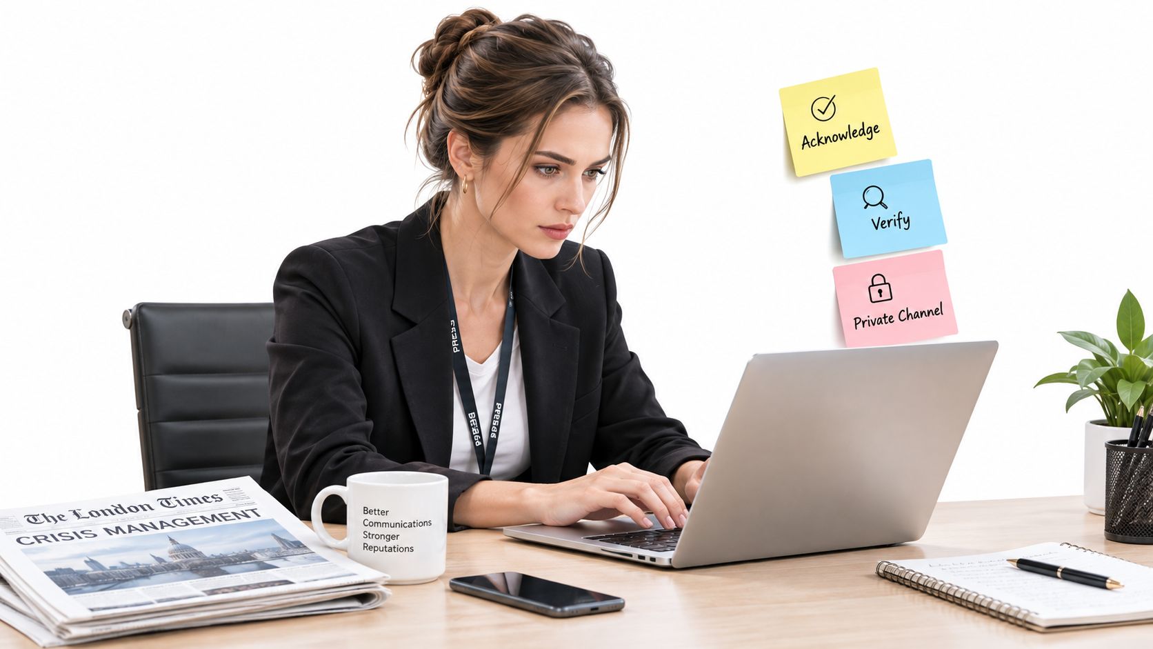 A professional woman working on a laptop at a desk with crisis management materials and sticky notes.