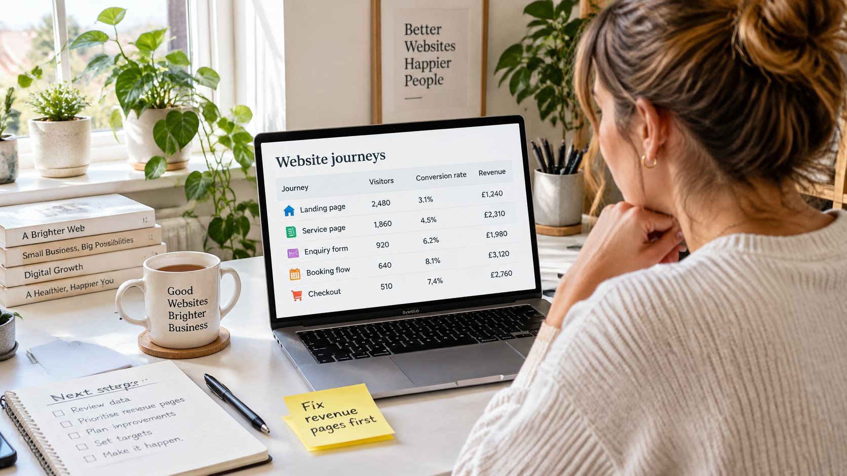 A woman analyzing website journey performance data on a laptop screen with a to-do list nearby.