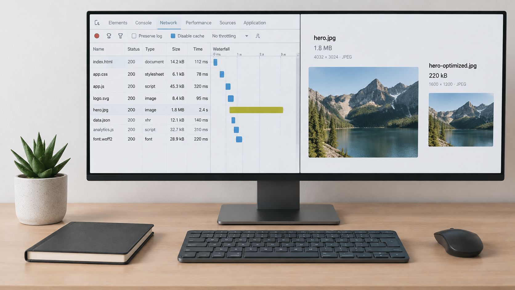A computer monitor displaying network performance metrics showing image optimization comparison side-by-side in a developer tool interface.