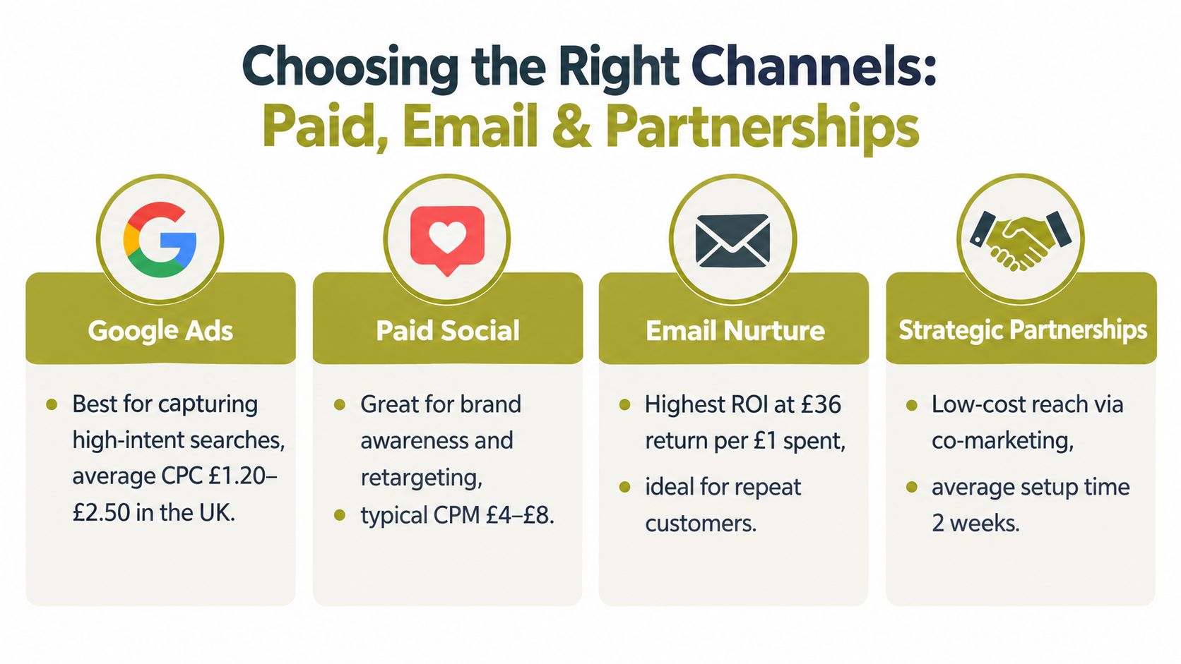 A marketing infographic illustrating the benefits and costs of Google Ads, Paid Social, Email, and Strategic Partnerships.