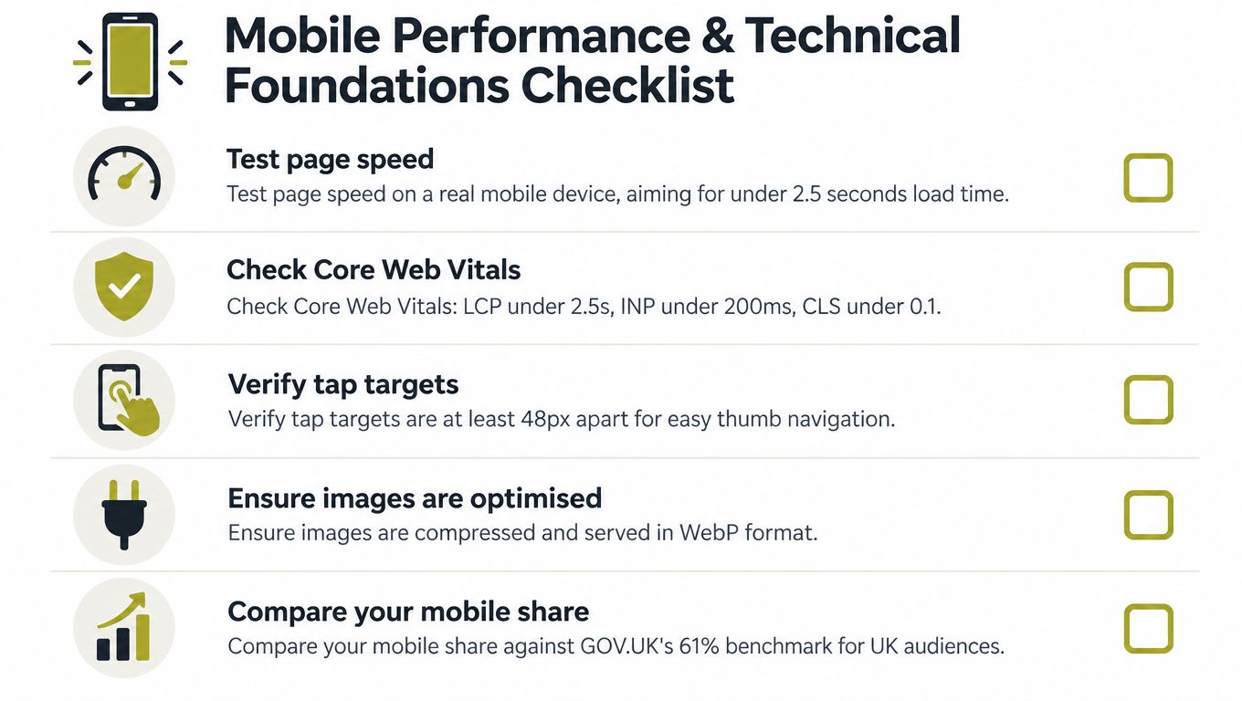 A checklist infographic titled Mobile Performance and Technical Foundations Checklist for website optimization best practices.