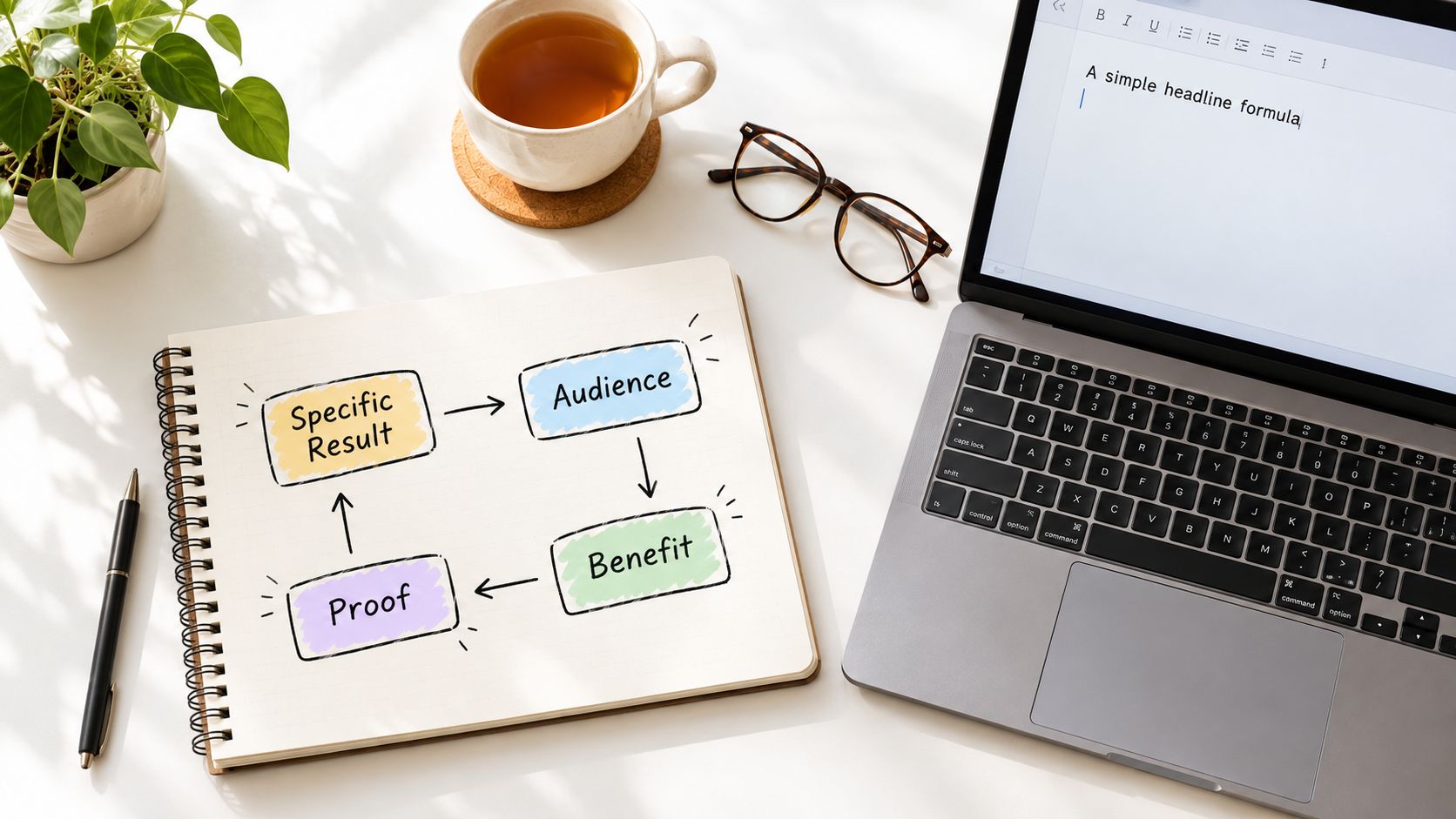 A top-down view of a workspace with a notepad displaying a marketing headline strategy diagram.