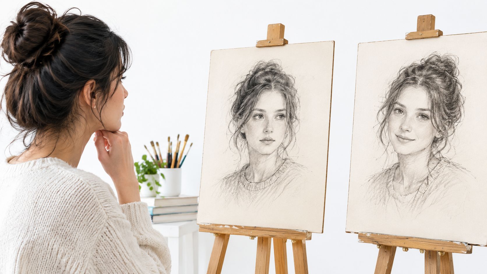 A young artist in a white sweater looking thoughtfully at two charcoal portrait sketches on wooden easels.