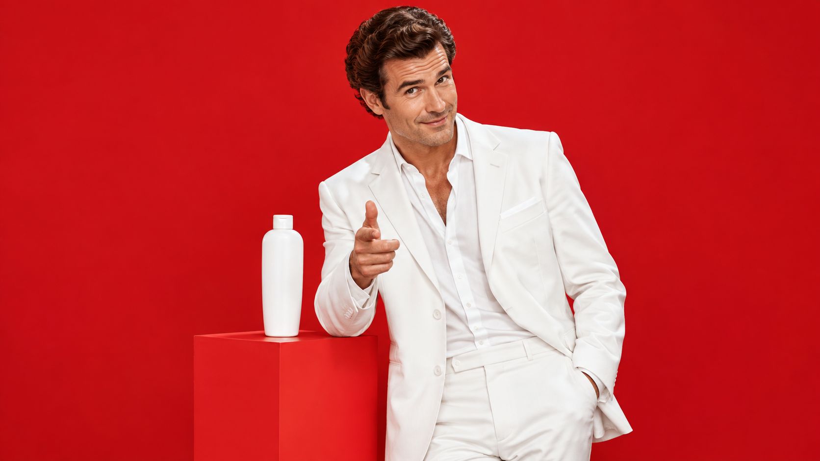 A well-dressed man in a white suit leans against a red cube with a white bottle.