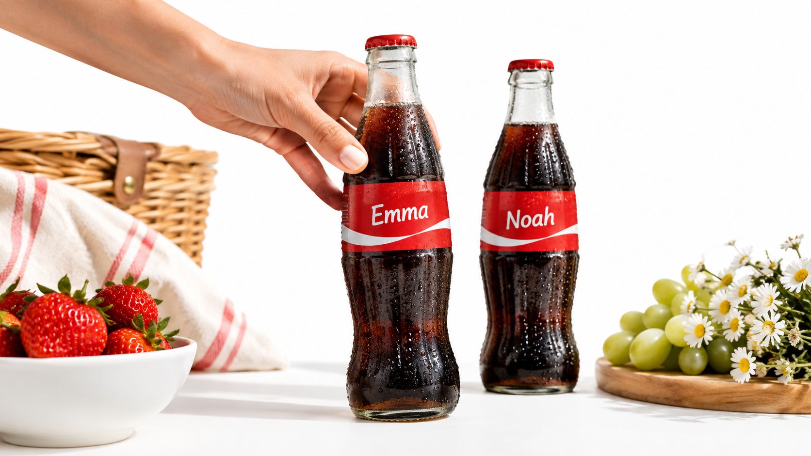 A hand reaches for a Coca-Cola bottle personalized with the name Emma, beside a bottle labeled Noah.
