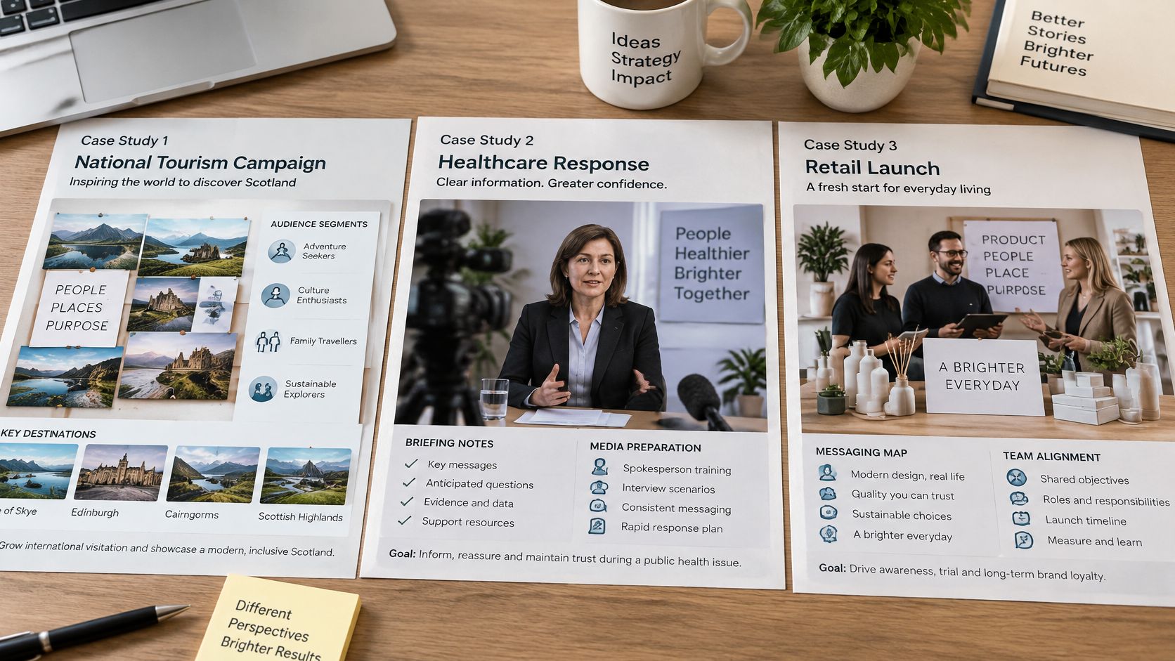 A professional desk featuring three printed case study documents displaying marketing and communication strategy plans.