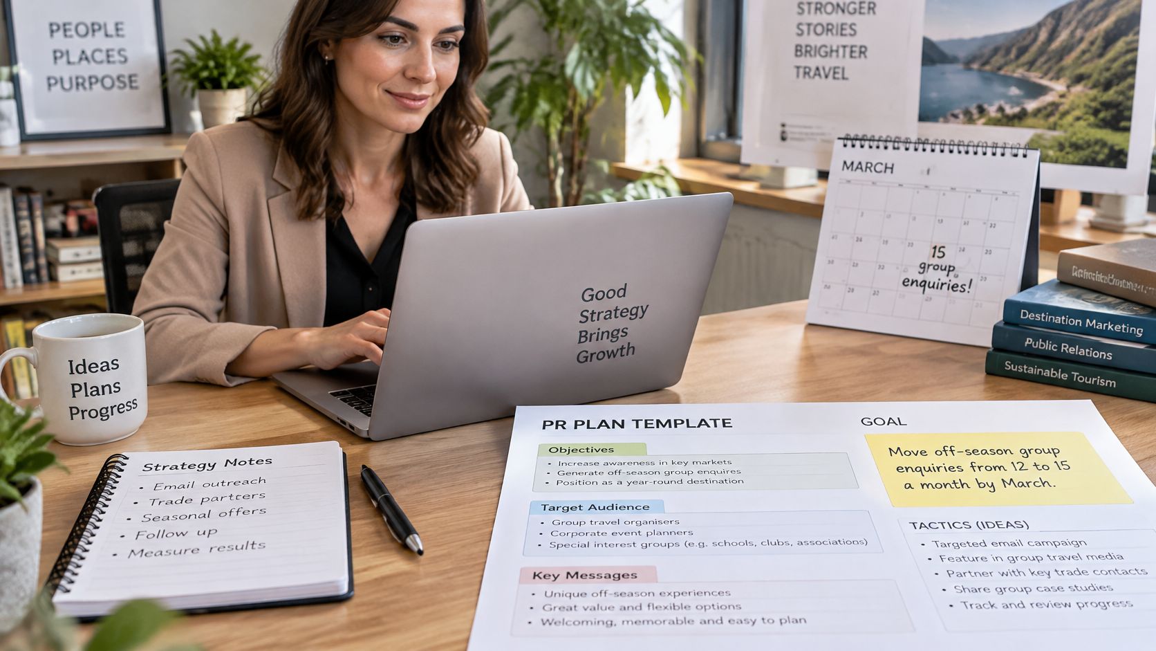 A businesswoman working on a laptop at a desk with a PR plan template and planning notes.
