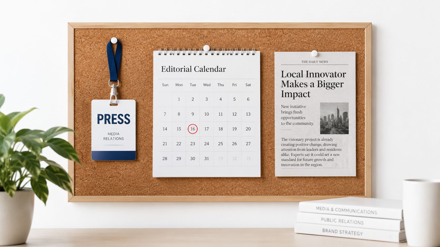 A cork board with an editorial calendar, a press badge, and a local news article displayed.