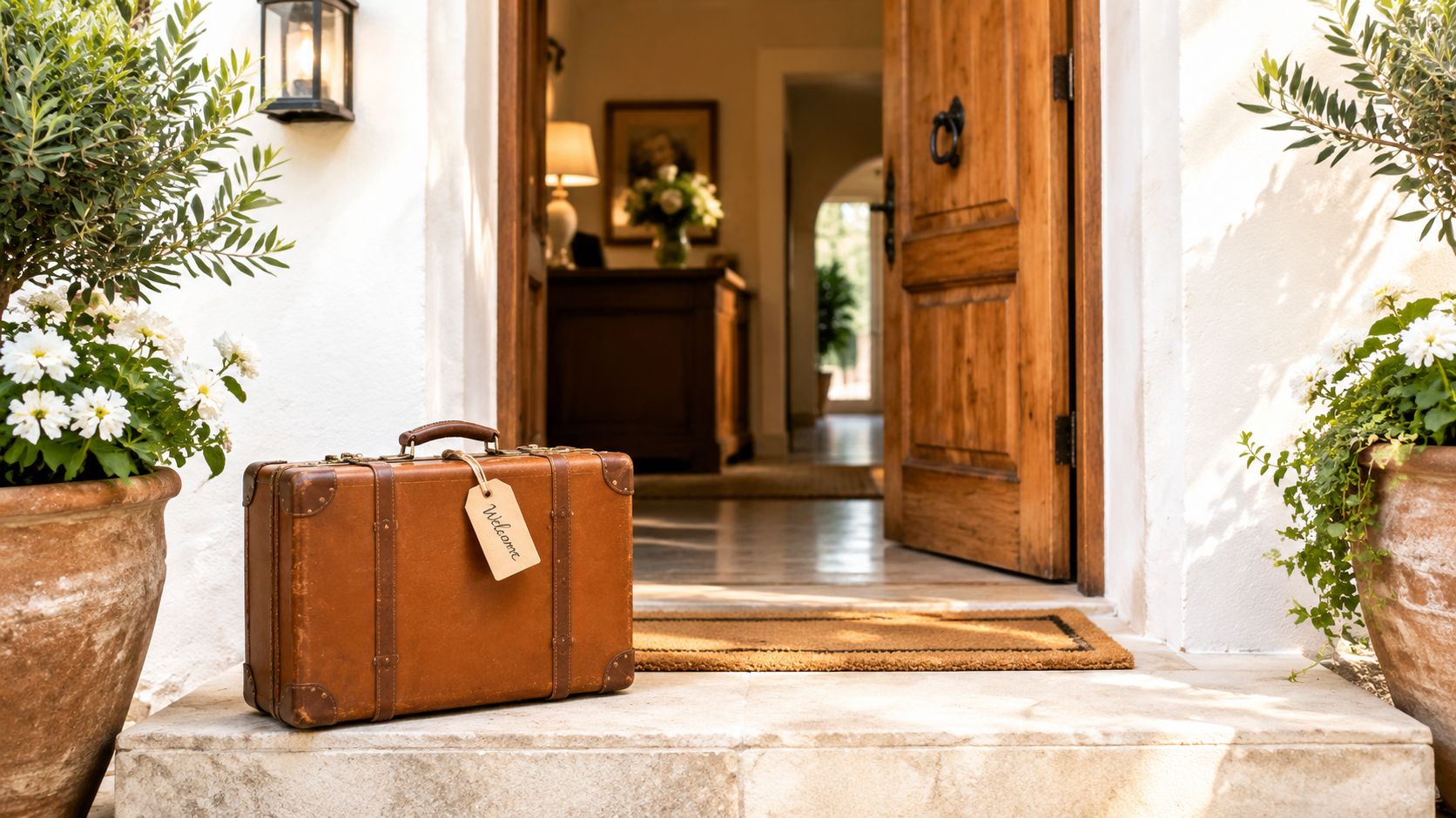 A vintage brown leather suitcase with a welcome tag sits on the steps of a welcoming home.