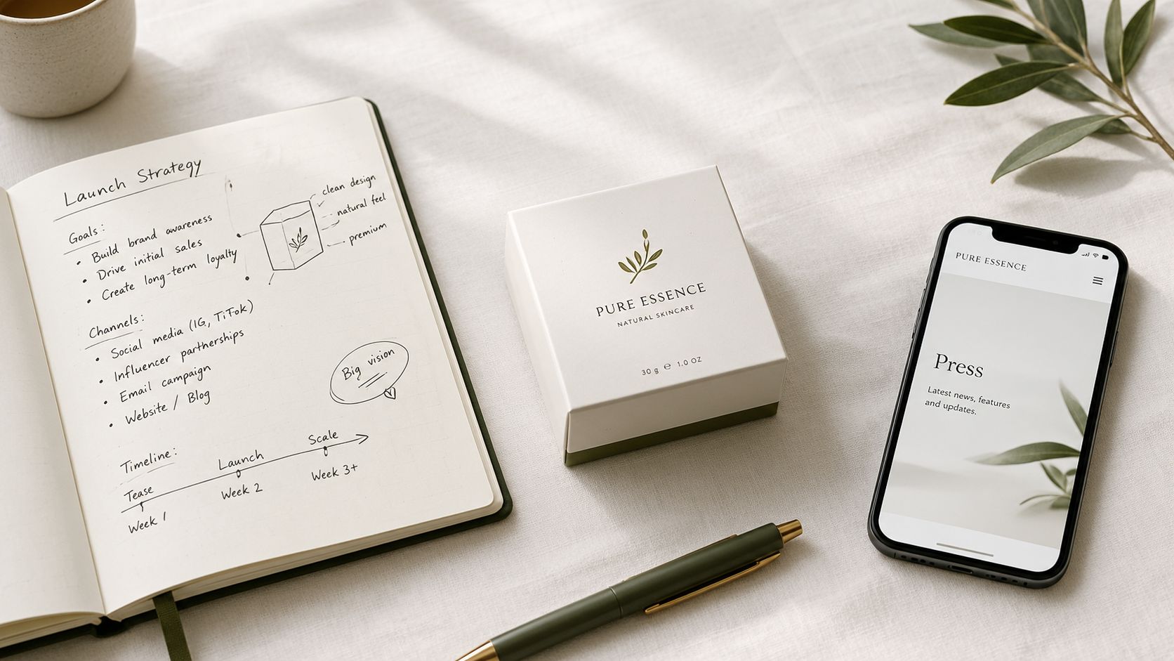 A flatlay view of a business plan notebook, a skincare product box, and a smartphone on a table.