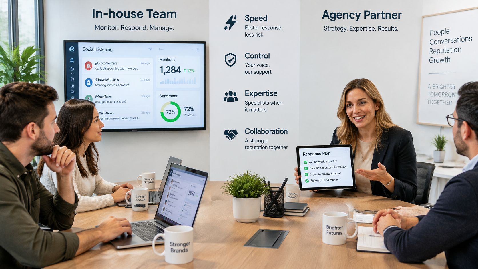 A diverse business team collaborating on reputation management strategies in a modern professional office meeting room.