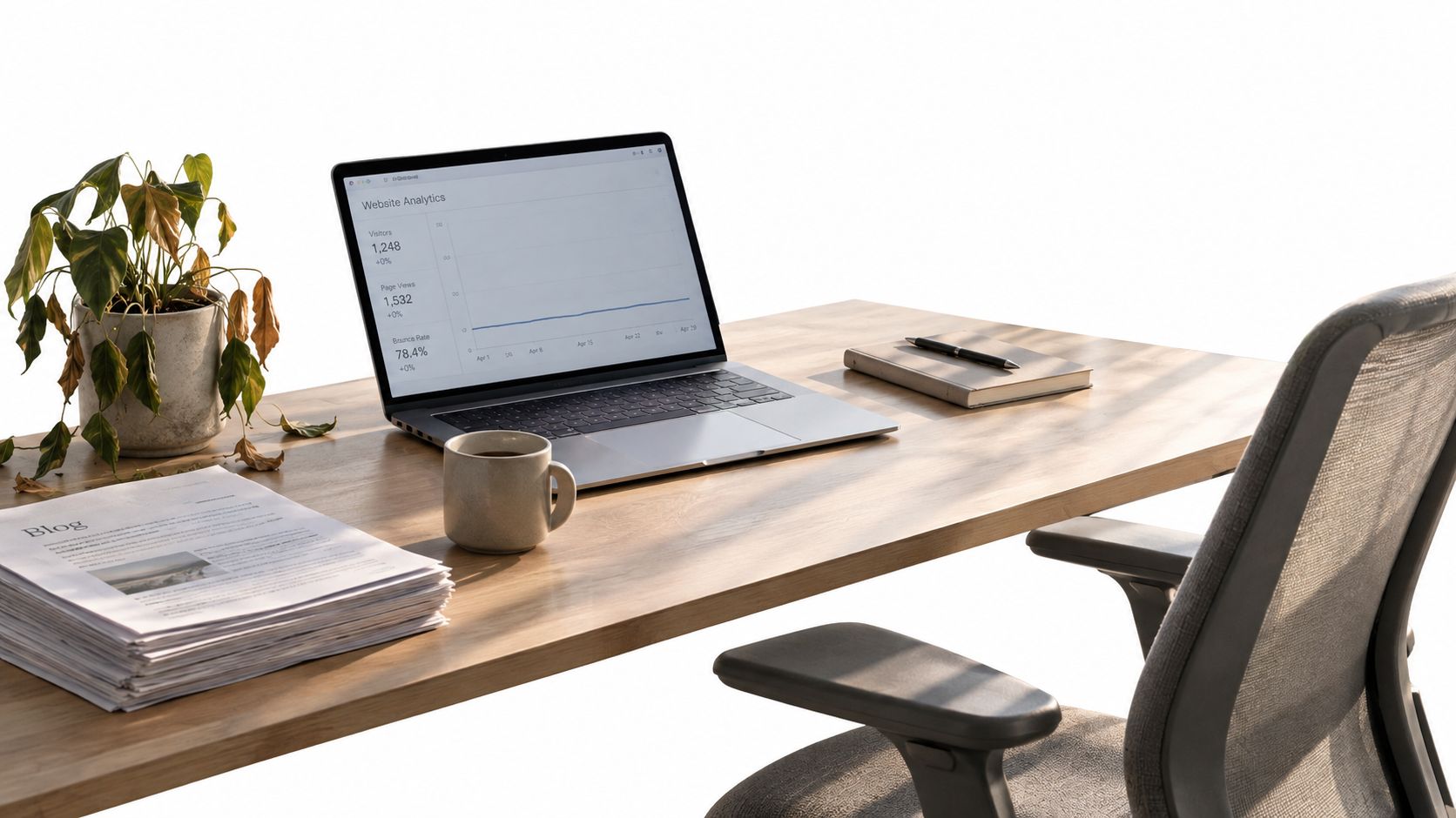 A minimalist home office workspace featuring a laptop with analytics displayed on a wooden desk with a plant.