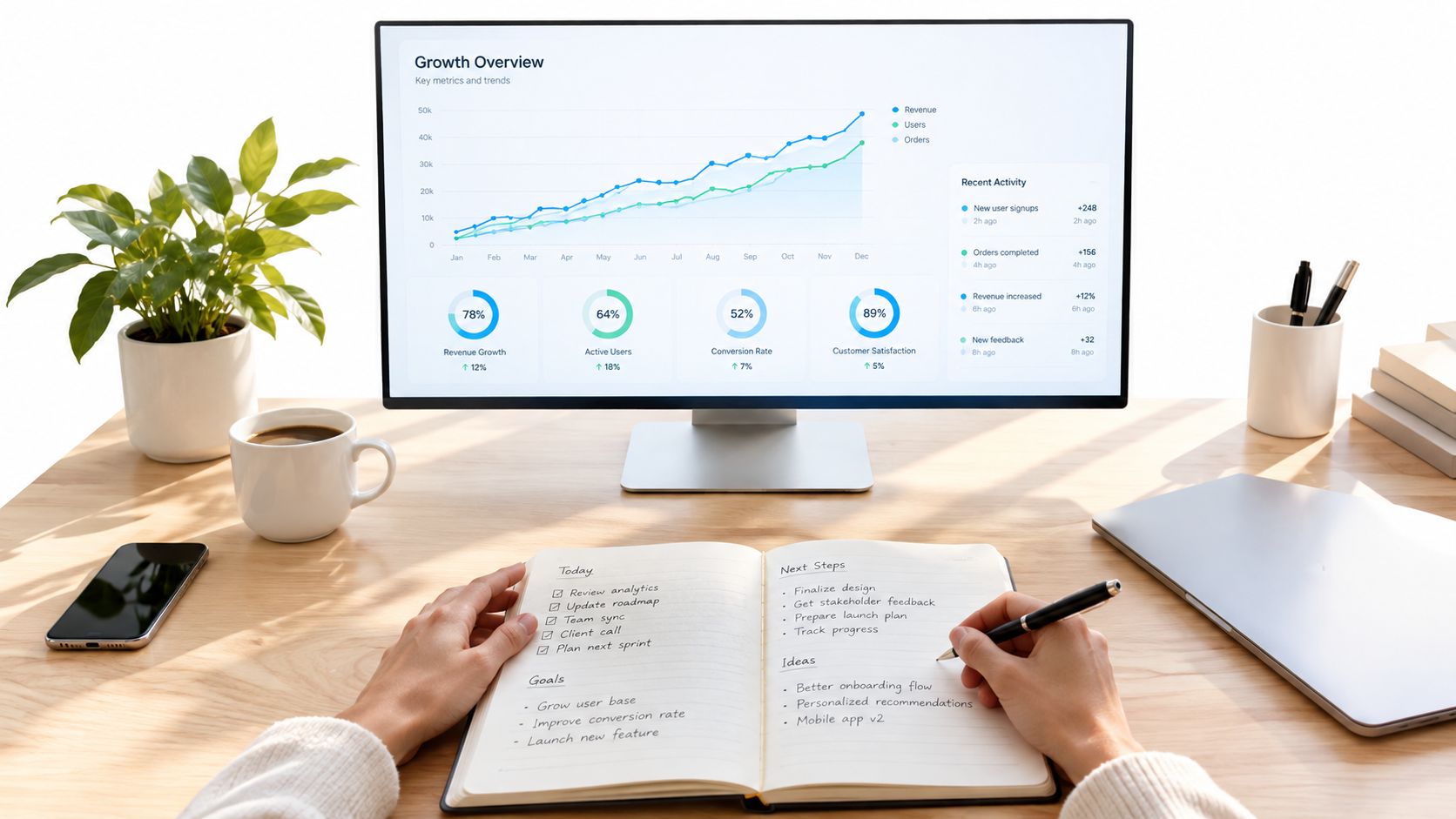 A person writing in a notebook at a clean workspace with a monitor displaying business growth charts.